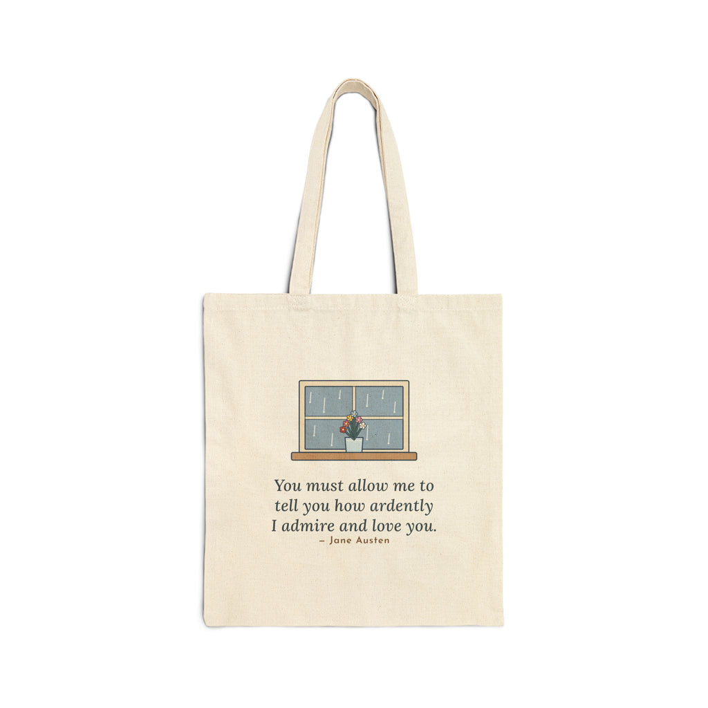 How Ardently I Admire and Love You Tote Bag, Romance Jane Austen Quote Tote with Rainy Window