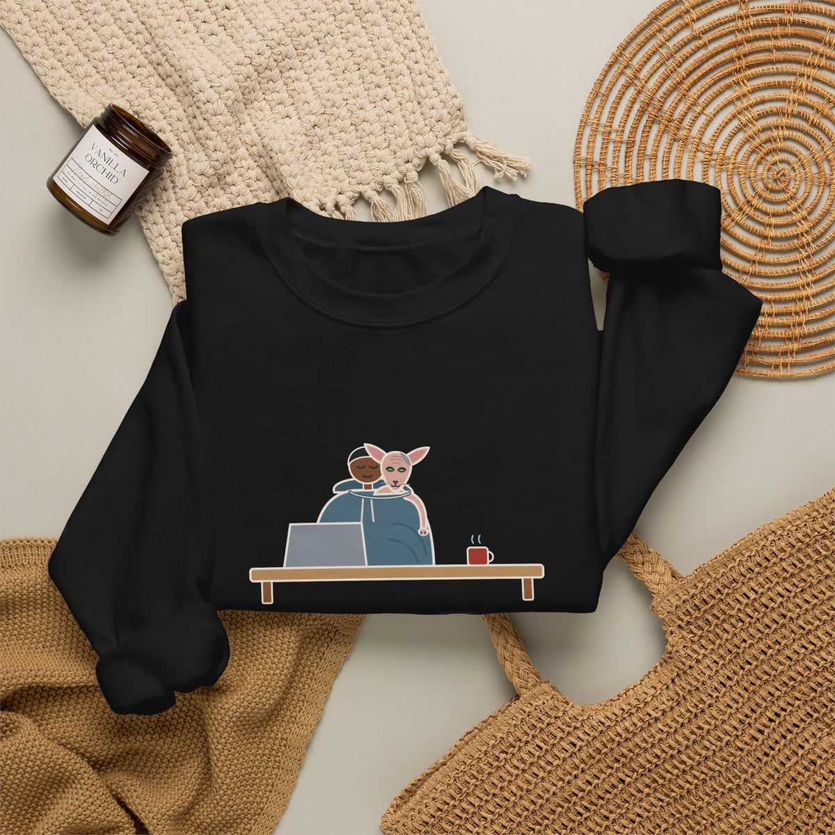 Peterbald Cat Found the Warmest Spot Crewneck Sweatshirt - Funny Hairless Cat Lover Gift