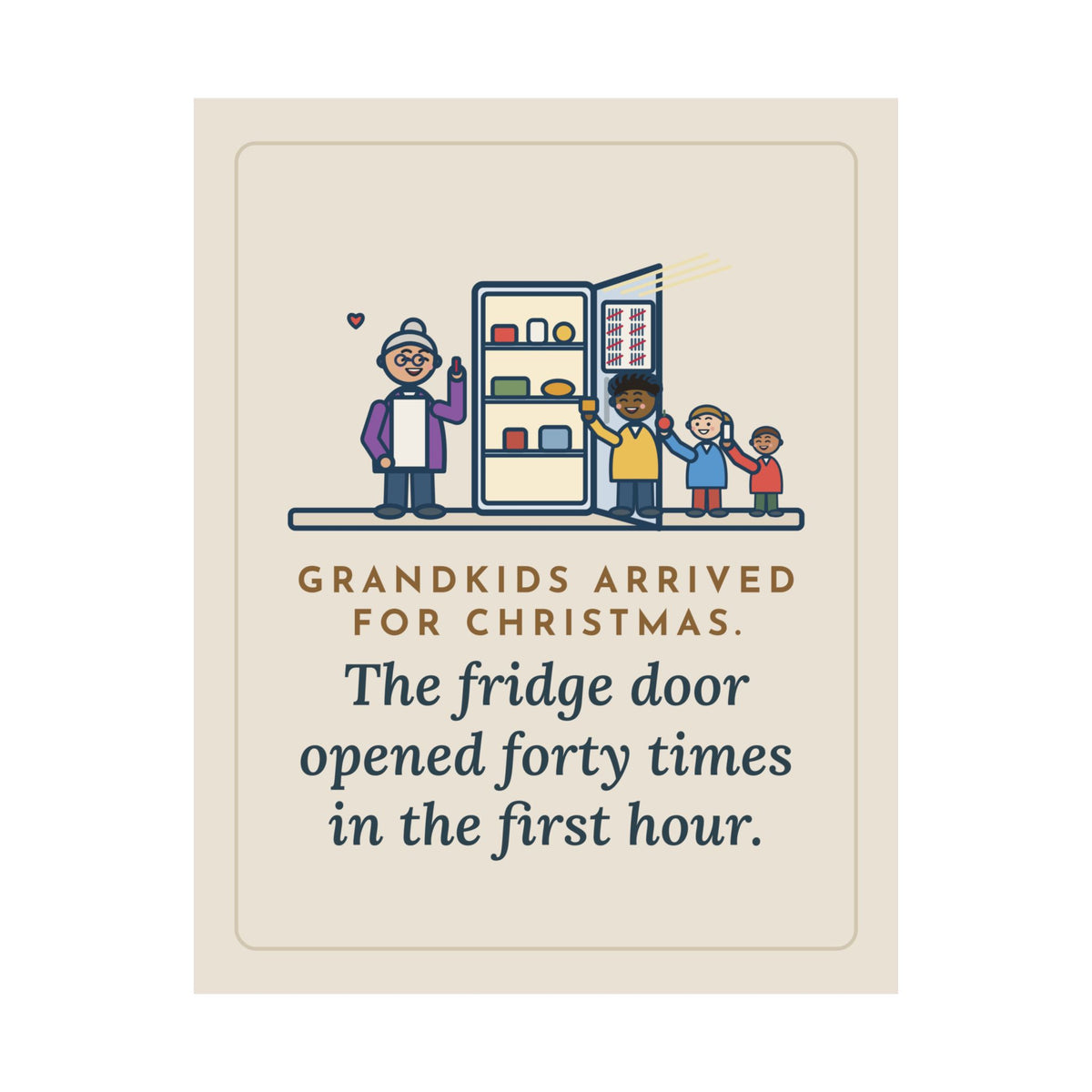 Grandkids at Christmas Poster, Arrived for the Holiday, The Fridge Door Opened Forty Times in the First Hour, Funny Fridge Tally Wall Art