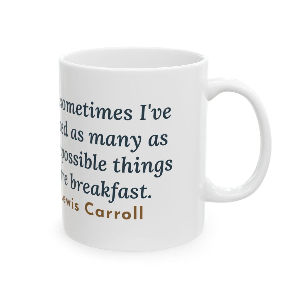 Lewis Carroll Literary Quote Mug, Six Impossible Things Before Breakfast, Whimsical Floating Breakfast Coffee Mug 11oz