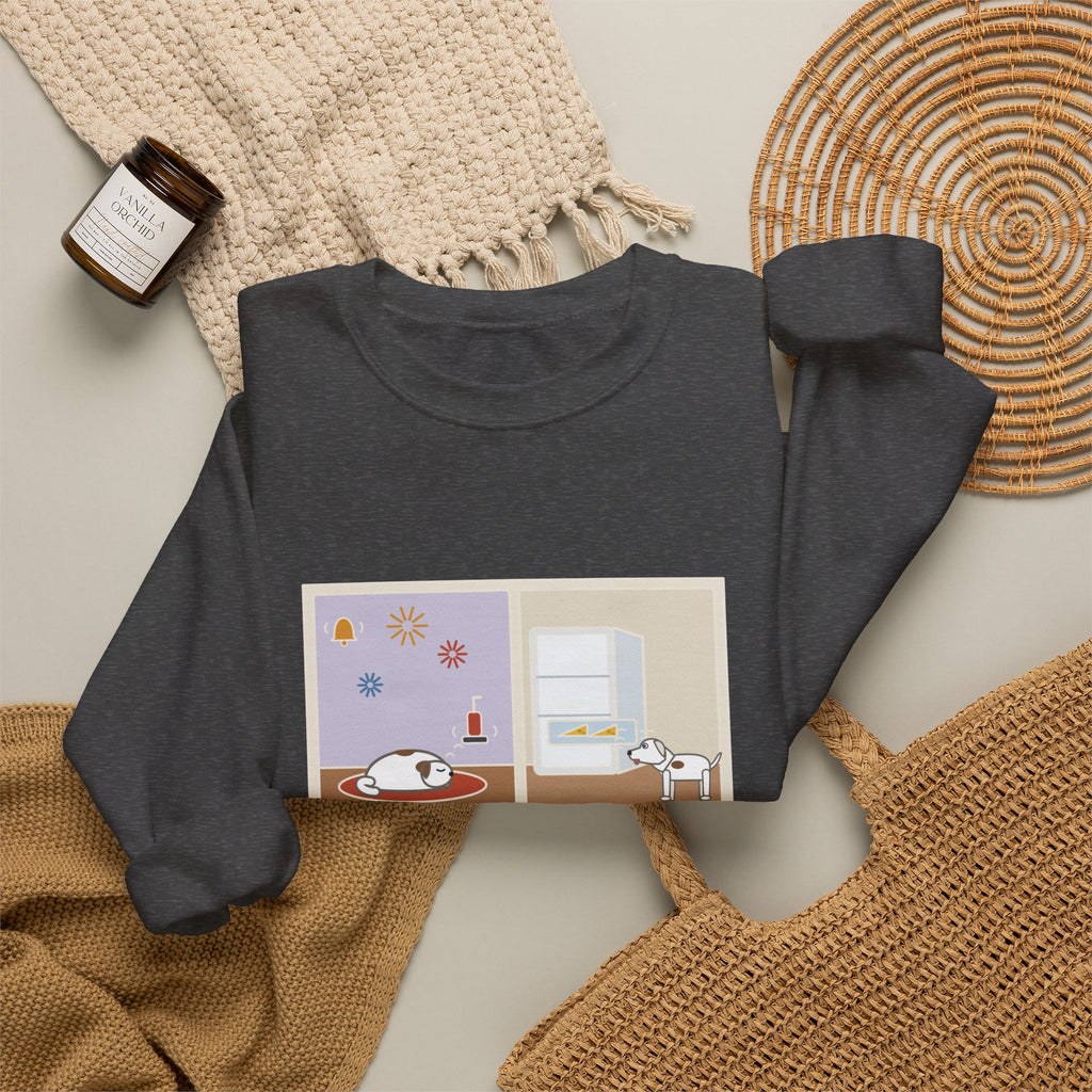 Deaf Dog Sweatshirt, Slept Through the Doorbell and Fireworks, Woke Up When the Cheese Drawer Opened, Funny Two Panels Crewneck