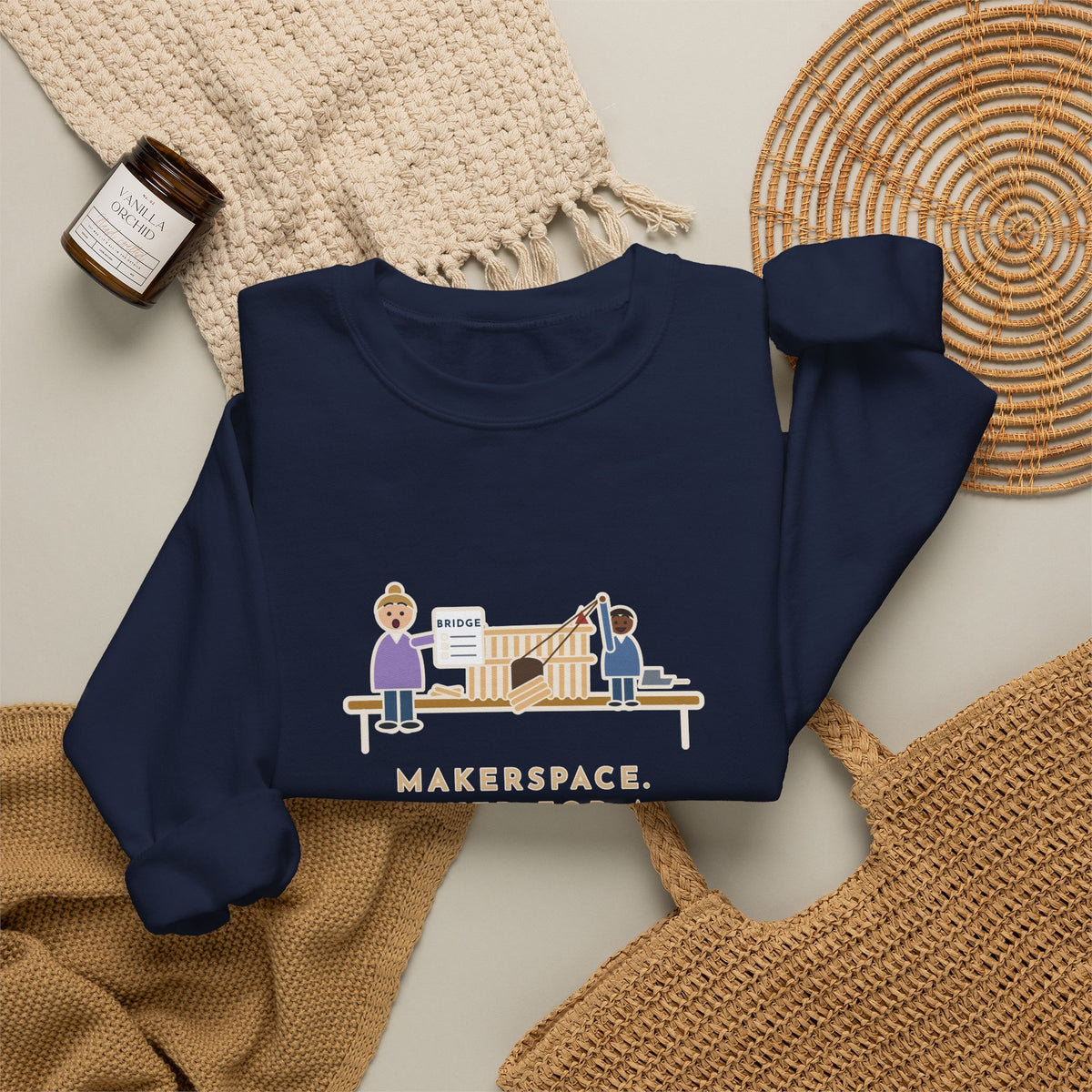 Makerspace Teacher Crewneck Sweatshirt - Craft-Stick Castle With a Working Drawbridge