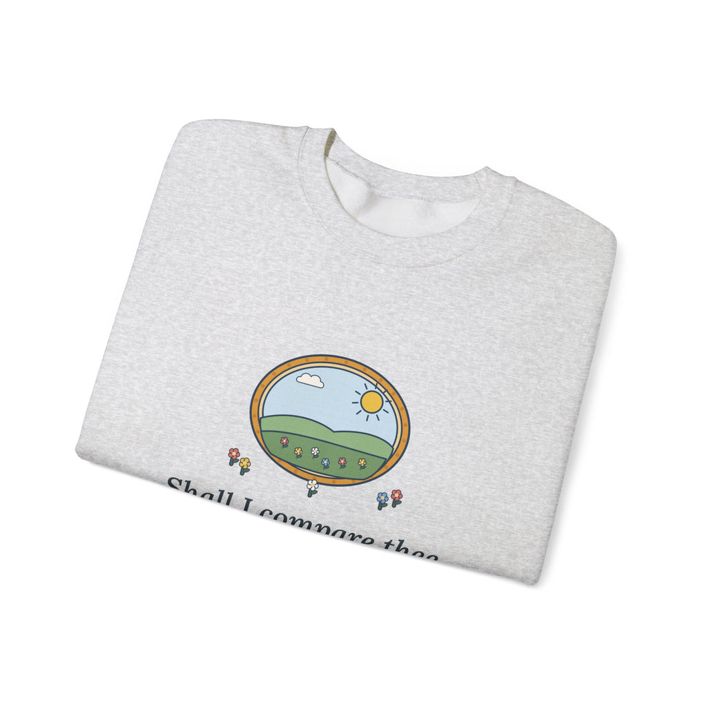 Shall I Compare Thee to a Summer's Day Sweatshirt, Love Shakespeare Quote Crewneck with Framed Meadow