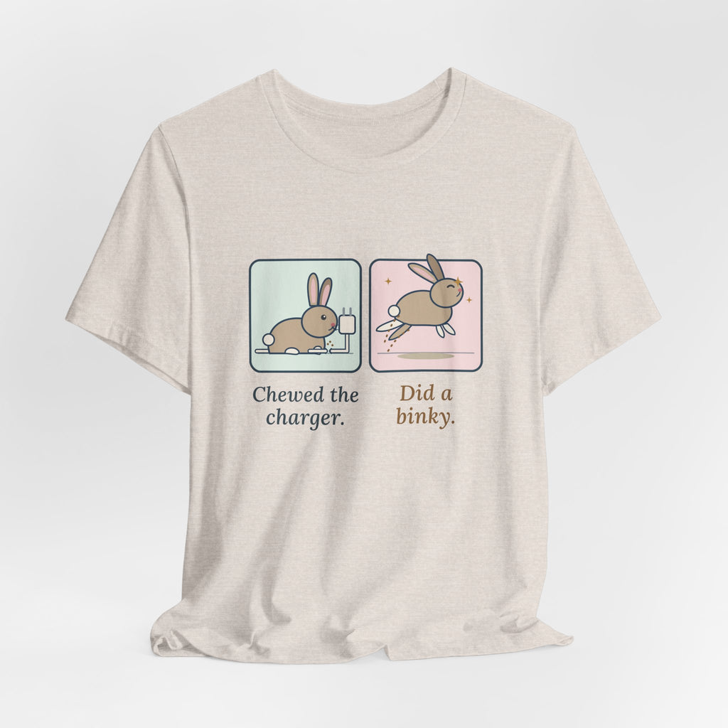 Pet Rabbits T-Shirt - Chewed the Charger. Did a Binky. Funny Bunny Owner Tee