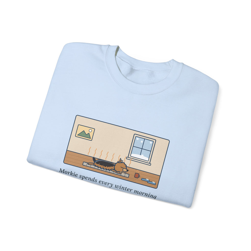 Morkie Sweatshirt, Every Winter Morning Stretched Across the Heating Vent, Funny Warm Spot Crewneck