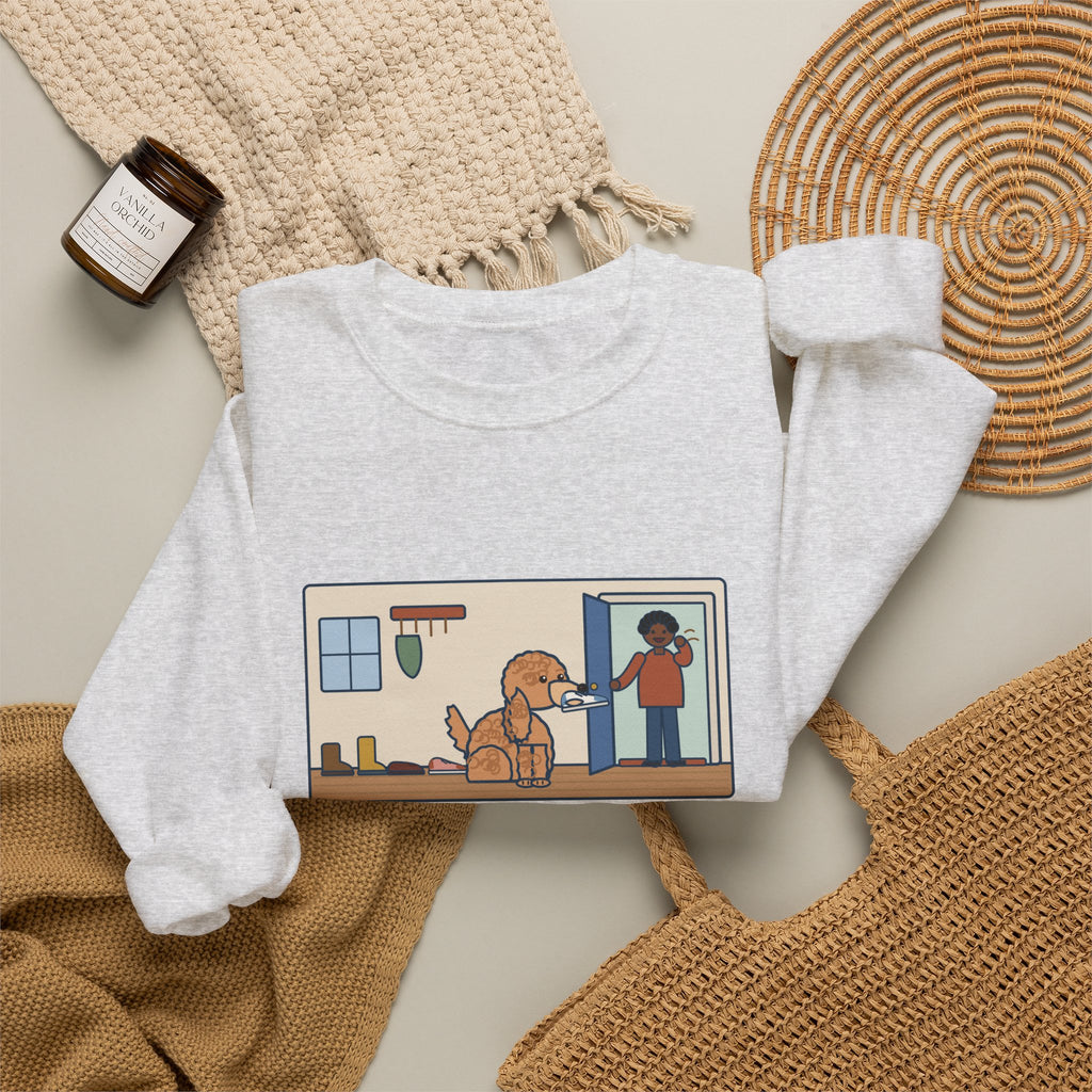Cockapoo Sweatshirt, Brings One Shoe to Every Guest at the Door, Never the Pair, Funny Front Door Greeting Crewneck