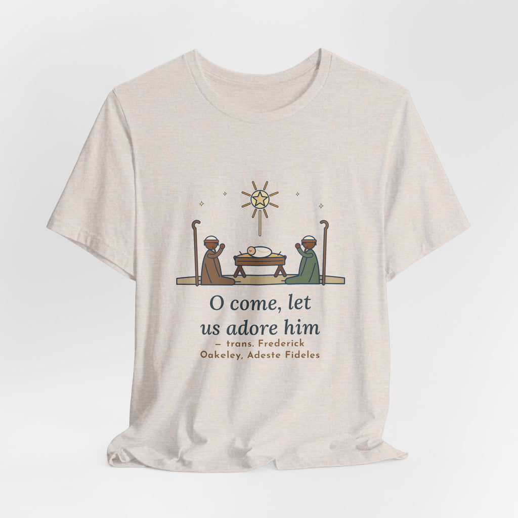 Oakeley Quote T-Shirt, O Come, Let Us Adore him, Christmas Woodcut Manger Tee