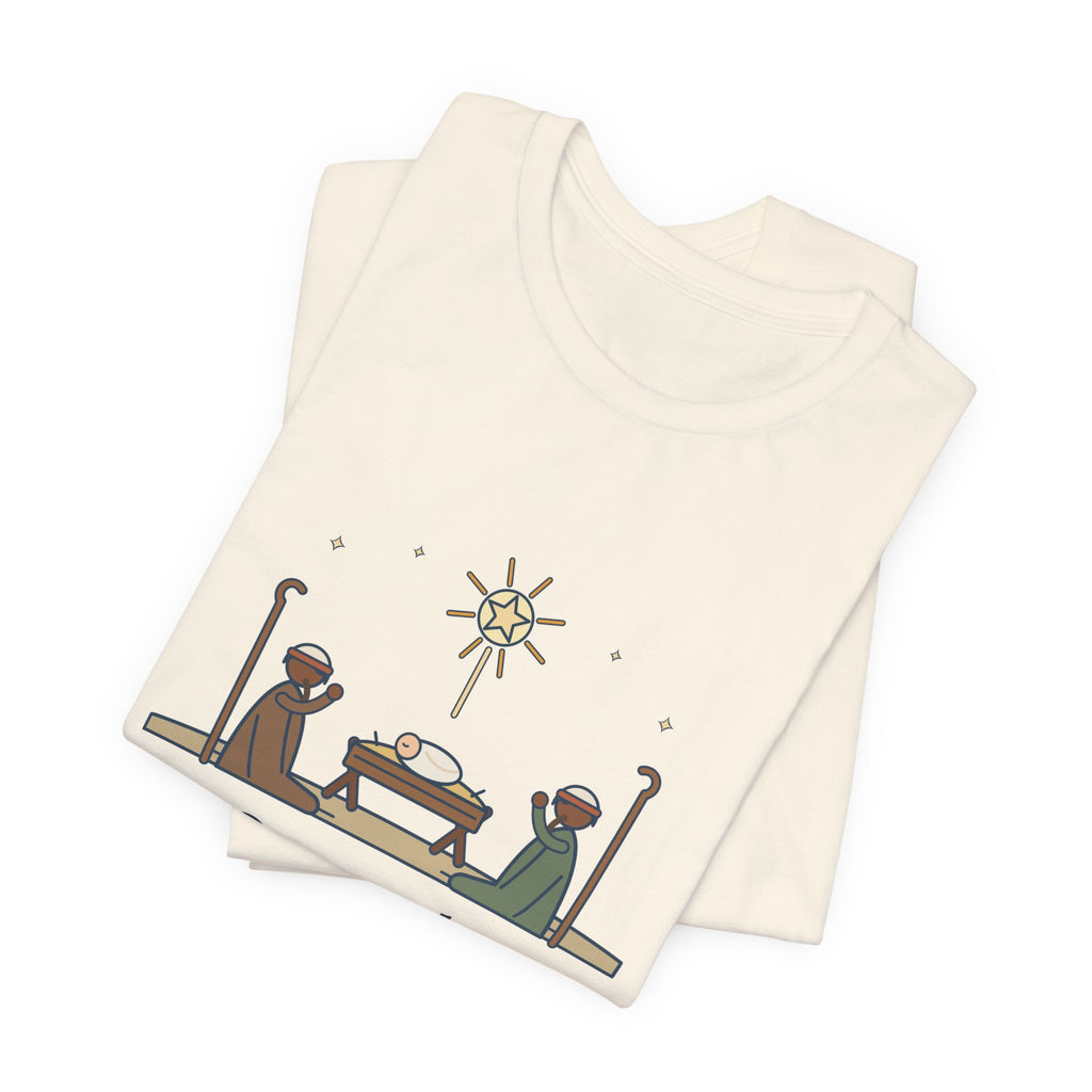 Oakeley Quote T-Shirt, O Come, Let Us Adore him, Christmas Woodcut Manger Tee