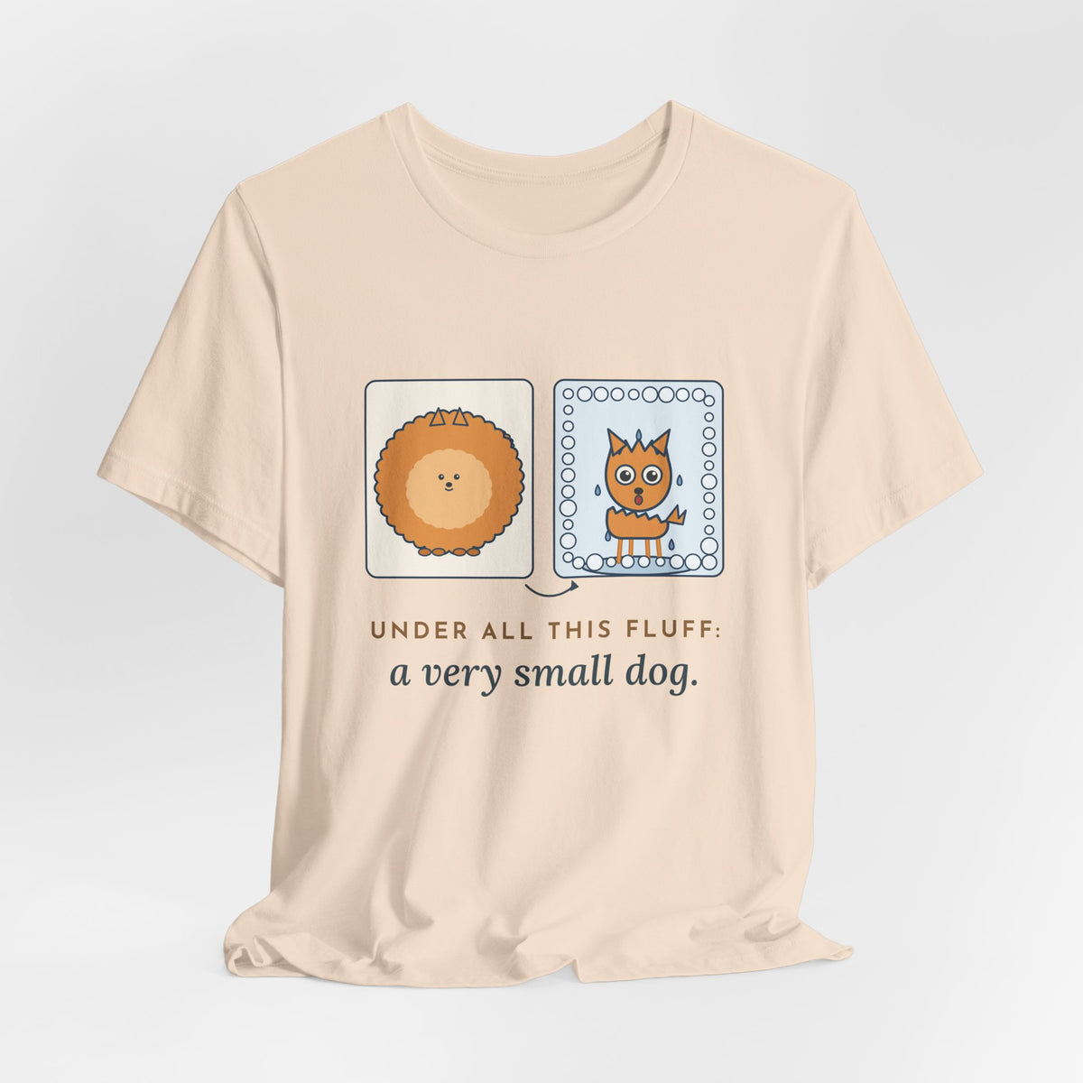 Pomeranian T-Shirt - Under All This Fluff: A Very Small Dog. Funny Pom Bath Day Tee