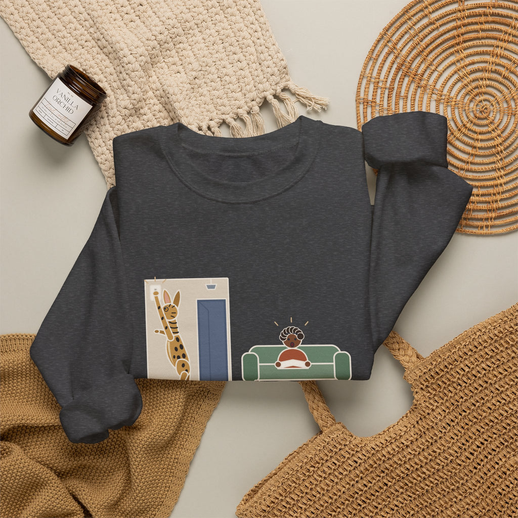 Serengeti Cat Crewneck Sweatshirt - Long-Legged Spotted Cat at the Light Switch