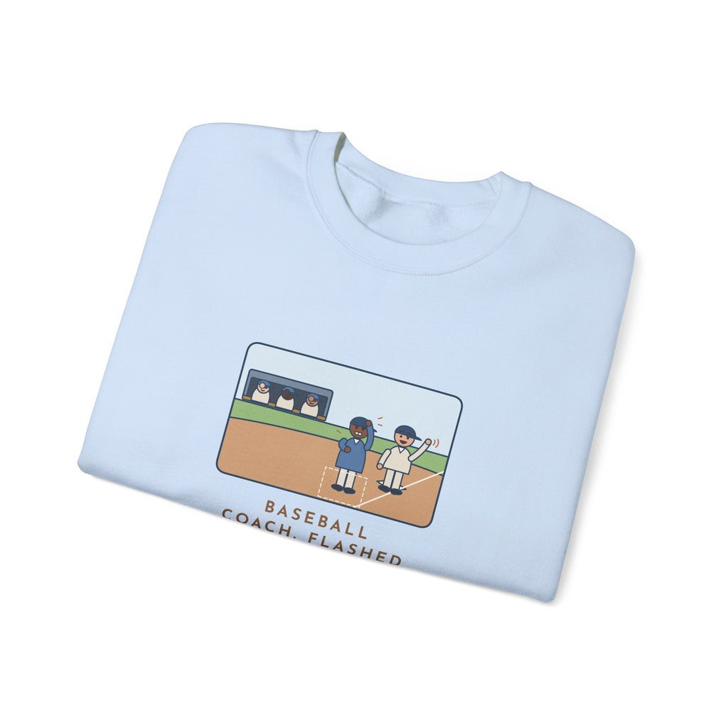 Baseball Coach Sweatshirt, Flashed Fourteen Signs to Third Base, The Runner Waved Back, Funny Third Base Box Crewneck