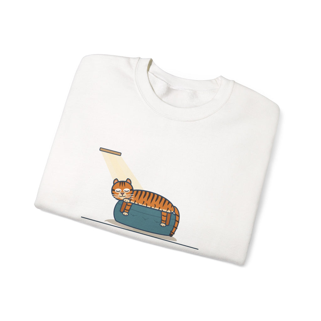 Tiger-Striped Cat Crewneck Sweatshirt - Sprawled on the Ottoman Like a Tiger on a Sun Rock Cat Gift