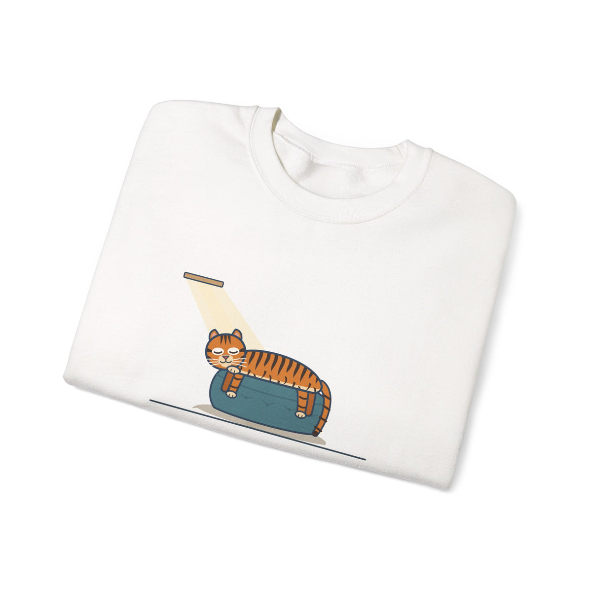Tiger-Striped Cat Crewneck Sweatshirt - Sprawled on the Ottoman Like a Tiger on a Sun Rock Cat Gift