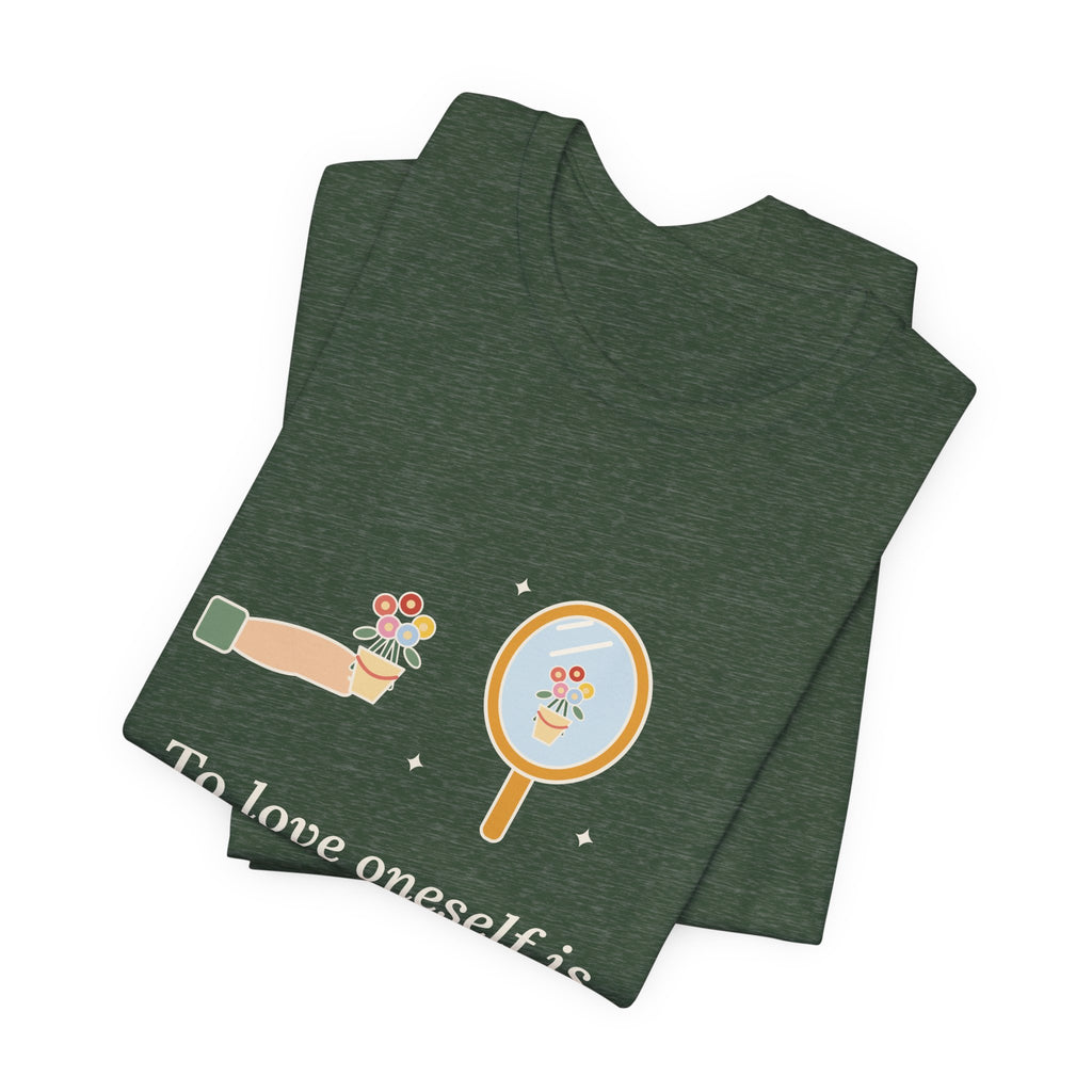 Oscar Wilde Quote T-Shirt, To Love Oneself Is the Beginning of a Life-Long Romance, Self-Love Mirror Bouquet Tee