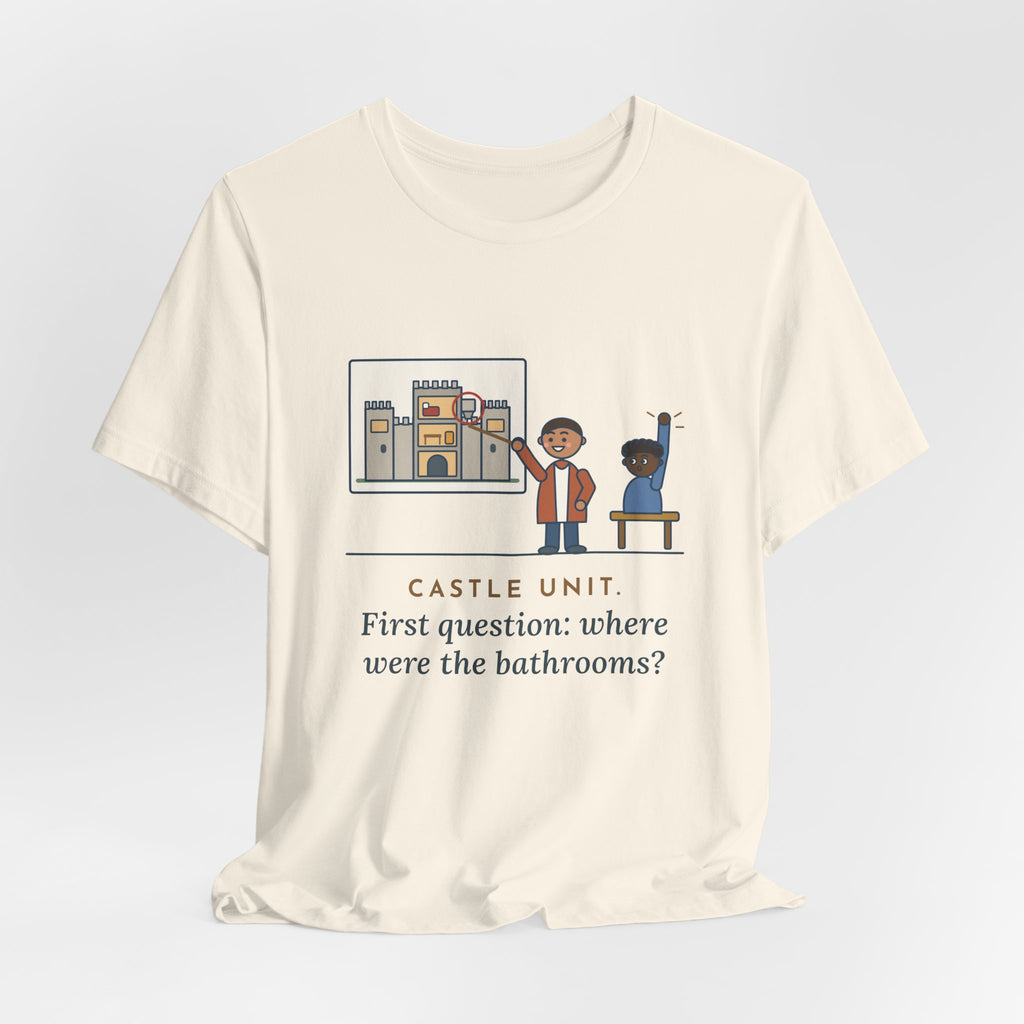 World History Teacher T-Shirt - Castle Unit, First Question: Where Were the Bathrooms