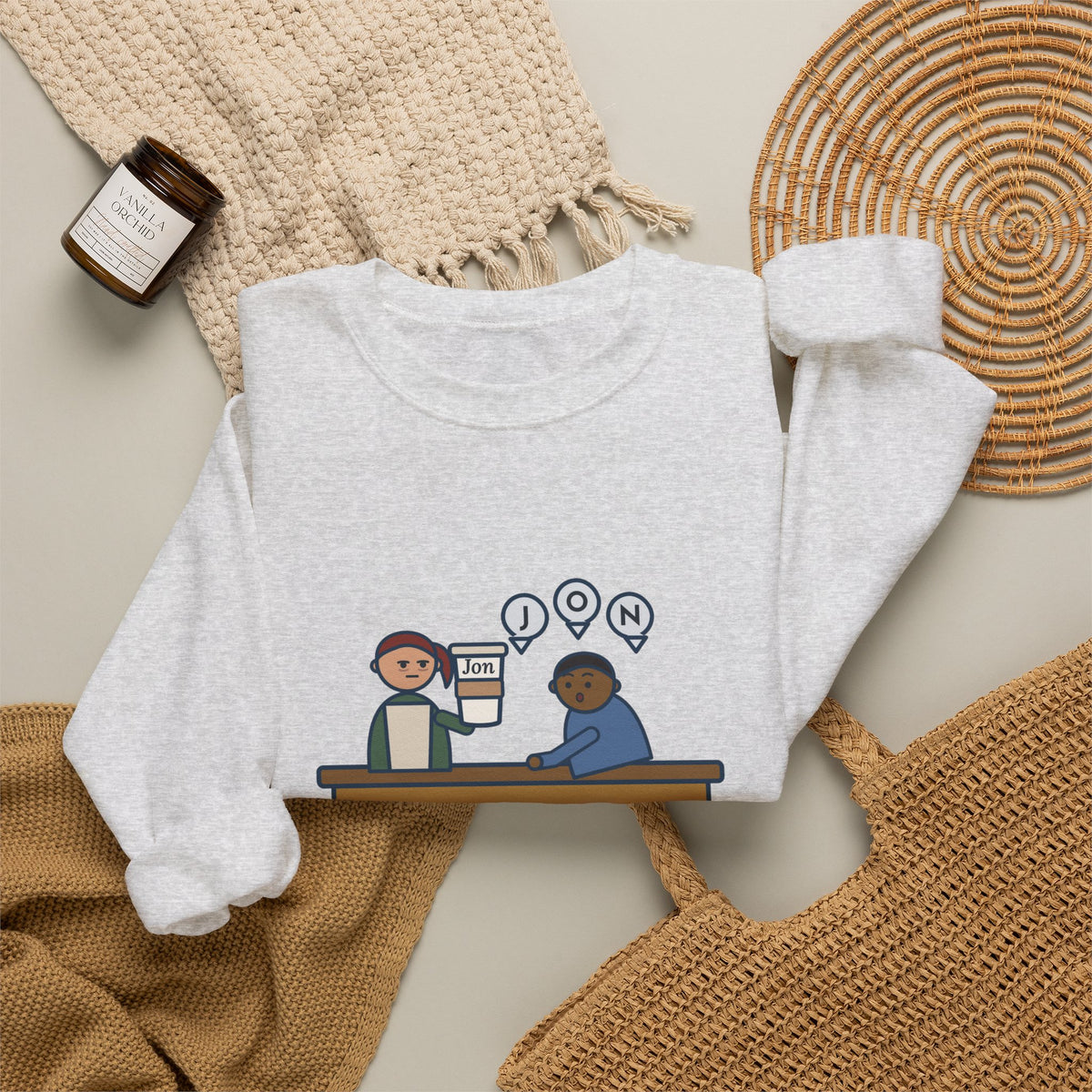 Funny Barista Crewneck Sweatshirt - He Spelled Jon for Me, Letter by Letter