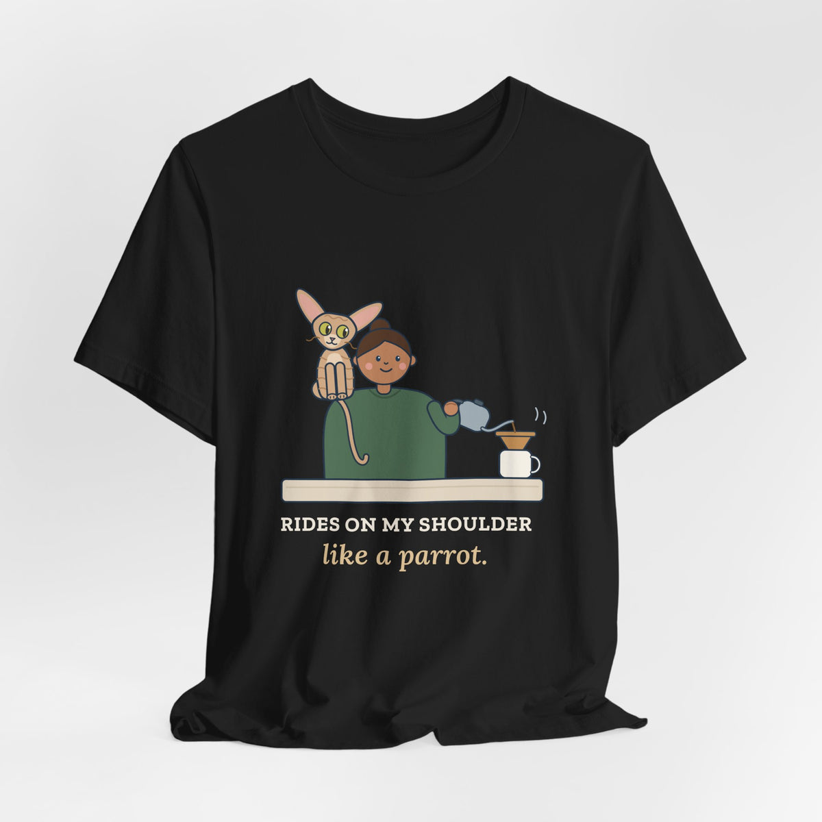 Devon Rex Cat T-Shirt - Rides on My Shoulder Like a Parrot Funny Shoulder Cat Tee