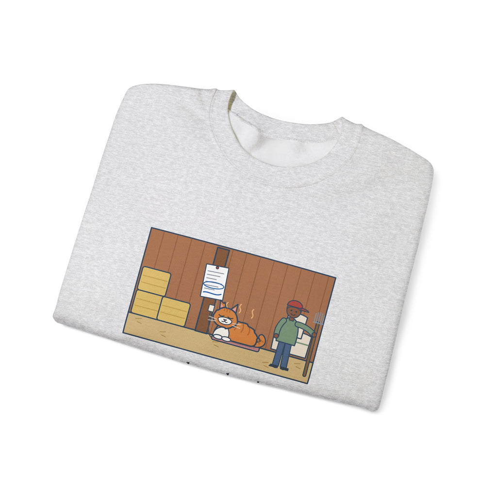 Barn Cat Sweatshirt, Showed Up in May, Now He Has a Heated Bed and His Name on the Feed Bill, Funny Barn Corner Crewneck