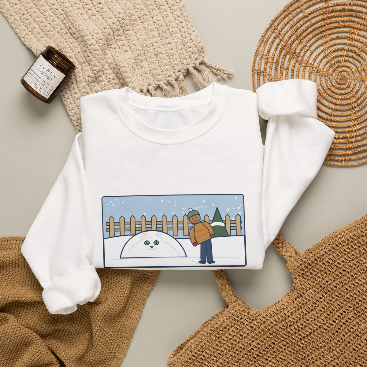 White Cat Sweatshirt, In the Snow, Found Her by the Pink Nose and the Green Eyes, Funny Snowy Backyard Crewneck
