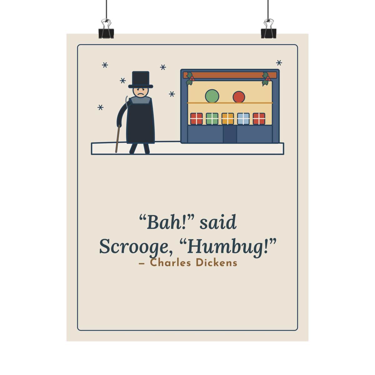 Dickens Quote Poster, Bah Humbug, Christmas Snowy Shop Window Wall Art