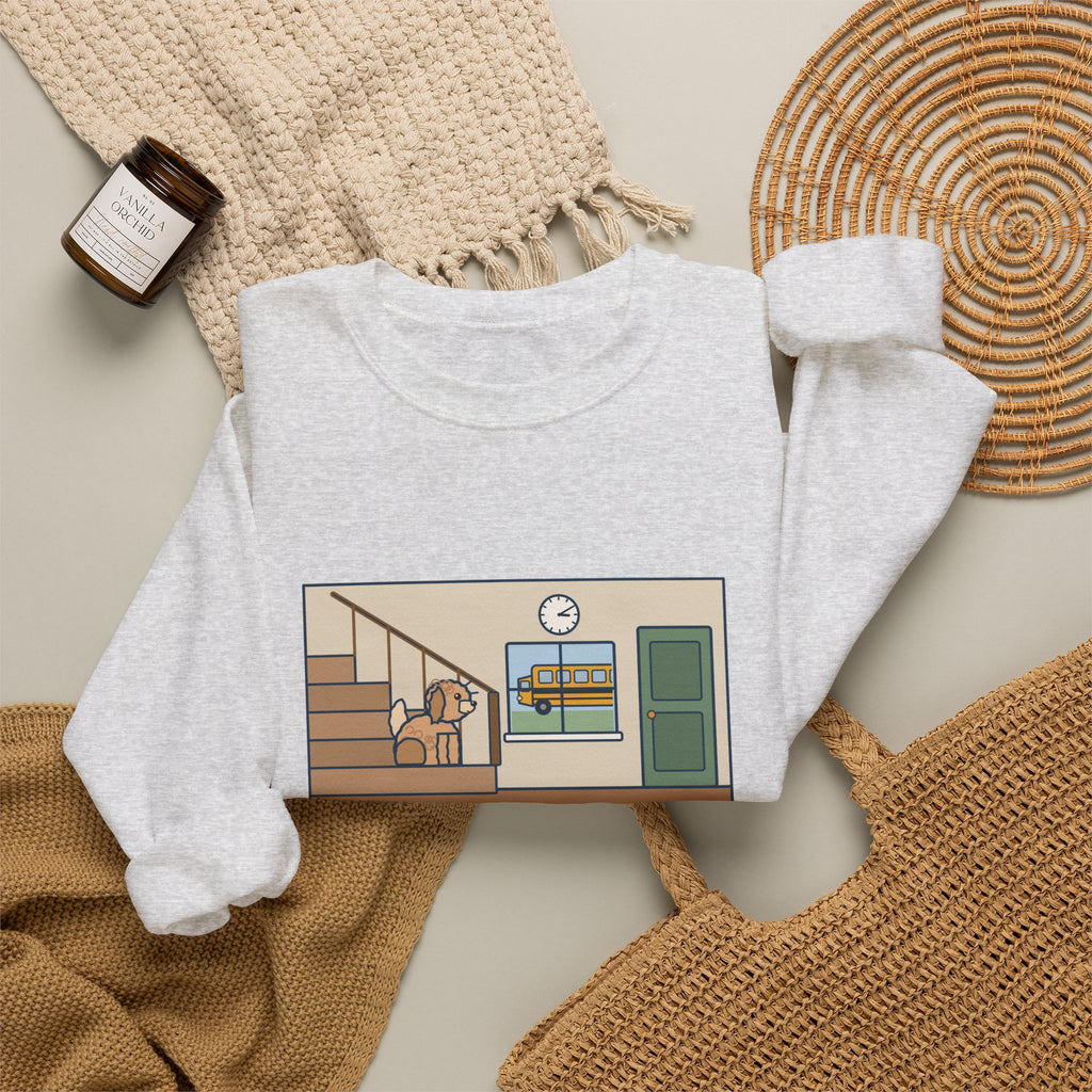Maltipoo Sweatshirt, Seven Pounds, Waits on the Stairs at 3:10 Every Day for the School Bus, Funny Front Hall Wait Crewneck