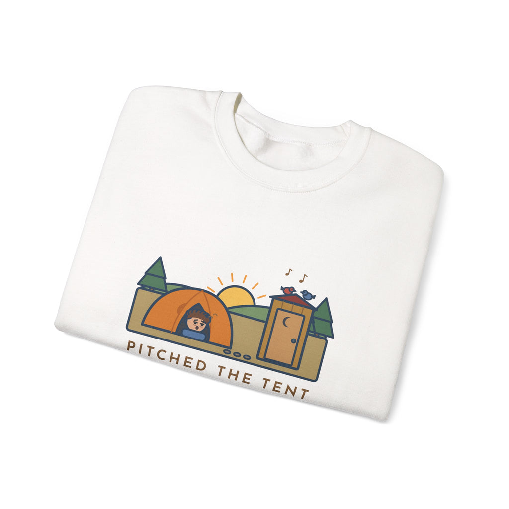 Pitched the Tent in the Dark Sweatshirt, Funny Camping Crewneck with Outhouse View