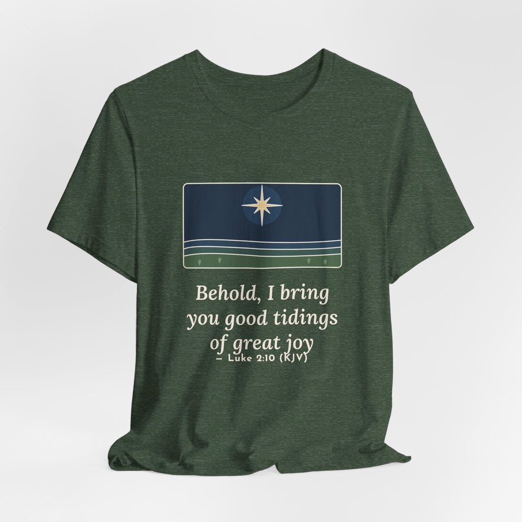 Luke 2:10 Quote T-Shirt, Good Tidings of Great Joy, Christmas Star over Field Tee