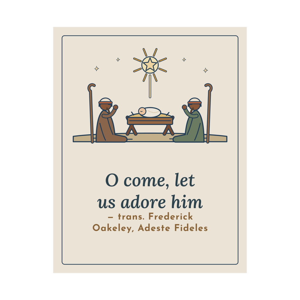 Oakeley Quote Poster, O Come, Let Us Adore him, Christmas Woodcut Manger Wall Art