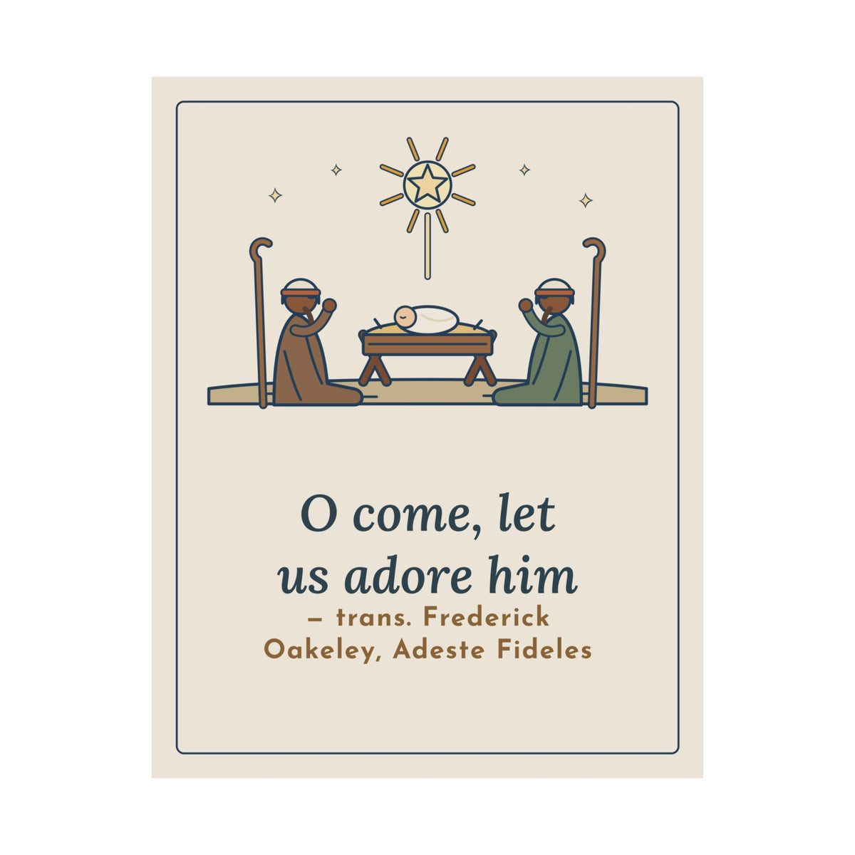 Oakeley Quote Poster, O Come, Let Us Adore him, Christmas Woodcut Manger Wall Art