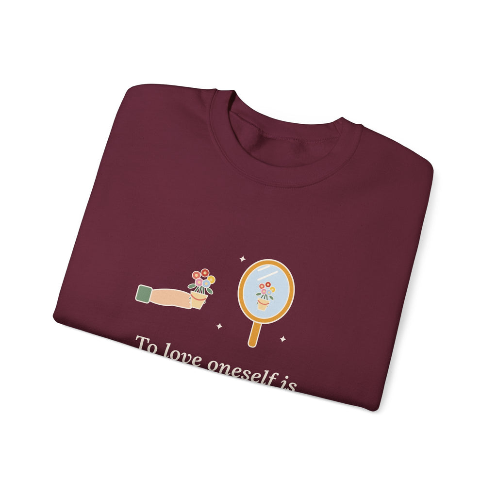 To Love Oneself Is the Beginning of a Life-Long Romance Sweatshirt, Self-Love Oscar Wilde Quote Crewneck with Mirror Bouquet