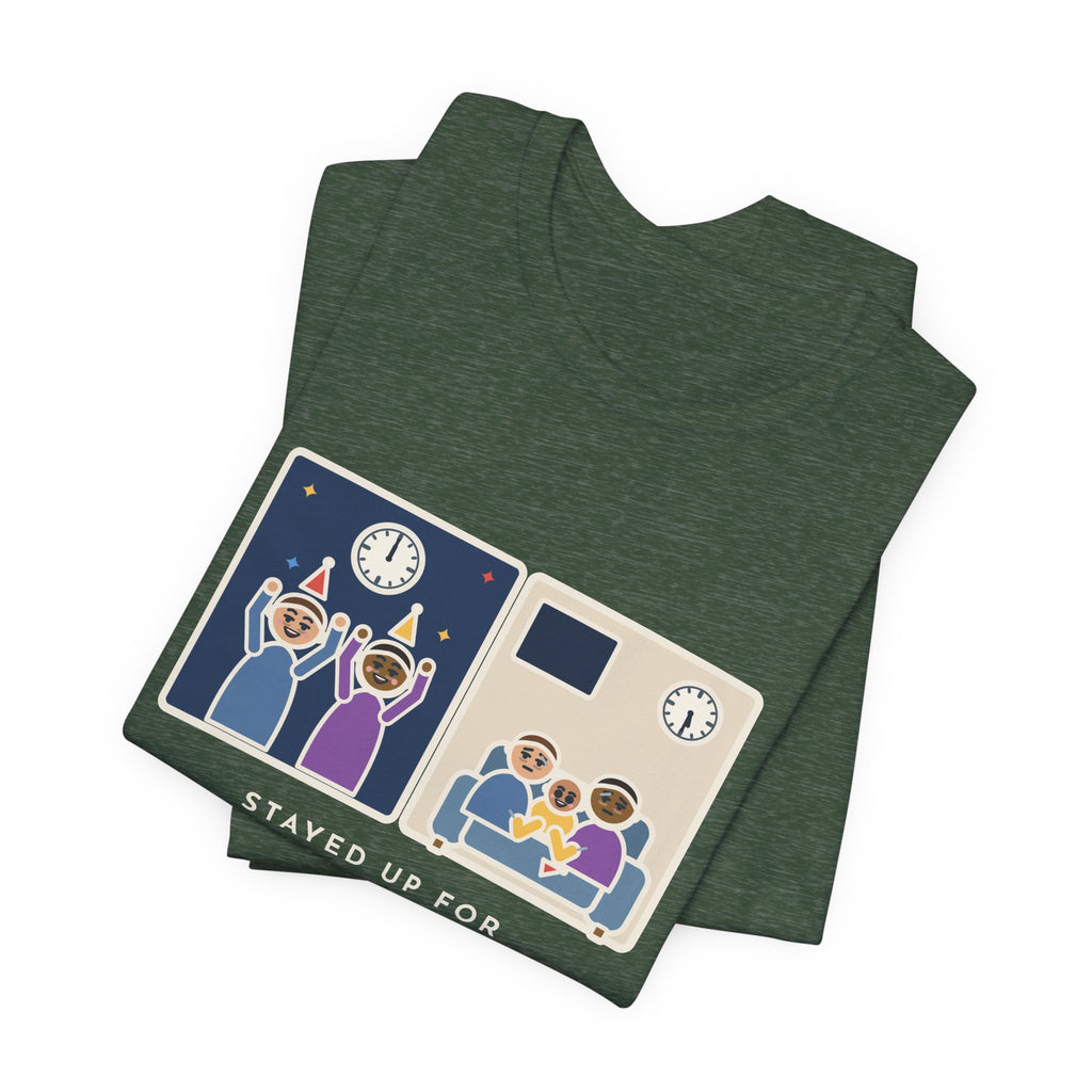 Funny New Year's Eve T-Shirt, Stayed Up for Midnight, The Baby Started the New Year at 5:30 a.m., Two Clocks Tee