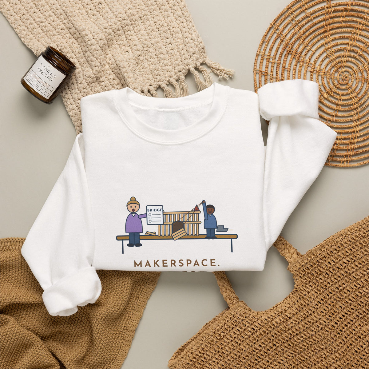Makerspace Teacher Crewneck Sweatshirt - Craft-Stick Castle With a Working Drawbridge