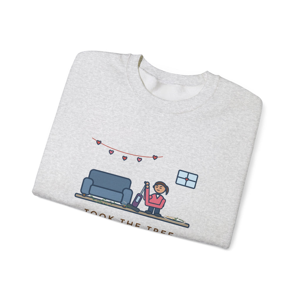 Christmas Tree Sweatshirt, Took It Down January 2, Still Vacuuming Needles on Valentine's Day, Funny February Cleanup Crewneck