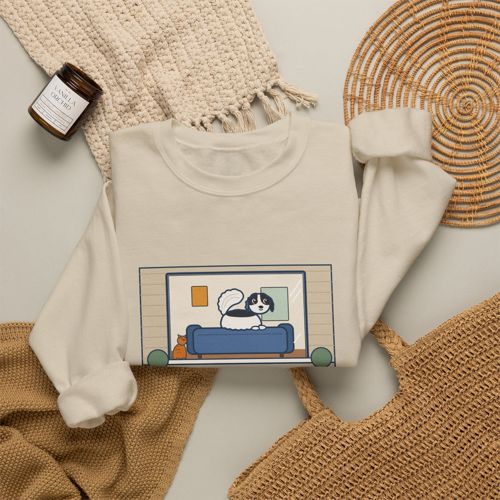 Japanese Chin Sweatshirt, Perched on the Back of the Couch Like a Cat, Watching the Street, Funny Window Lookout Crewneck