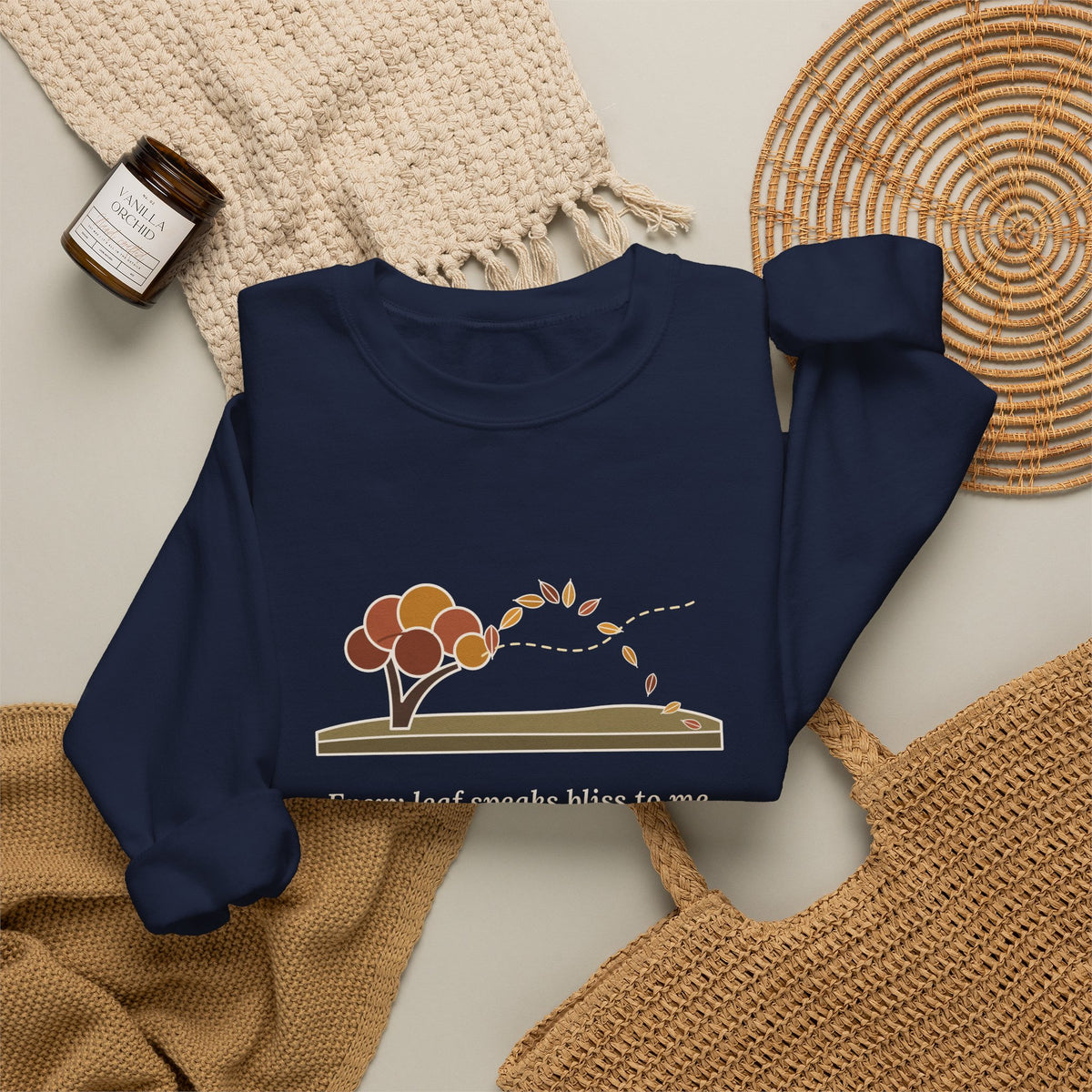 Every Leaf Speaks Bliss to Me Sweatshirt, Autumn Emily Brontë Quote Crewneck with Windswept Moor Tree