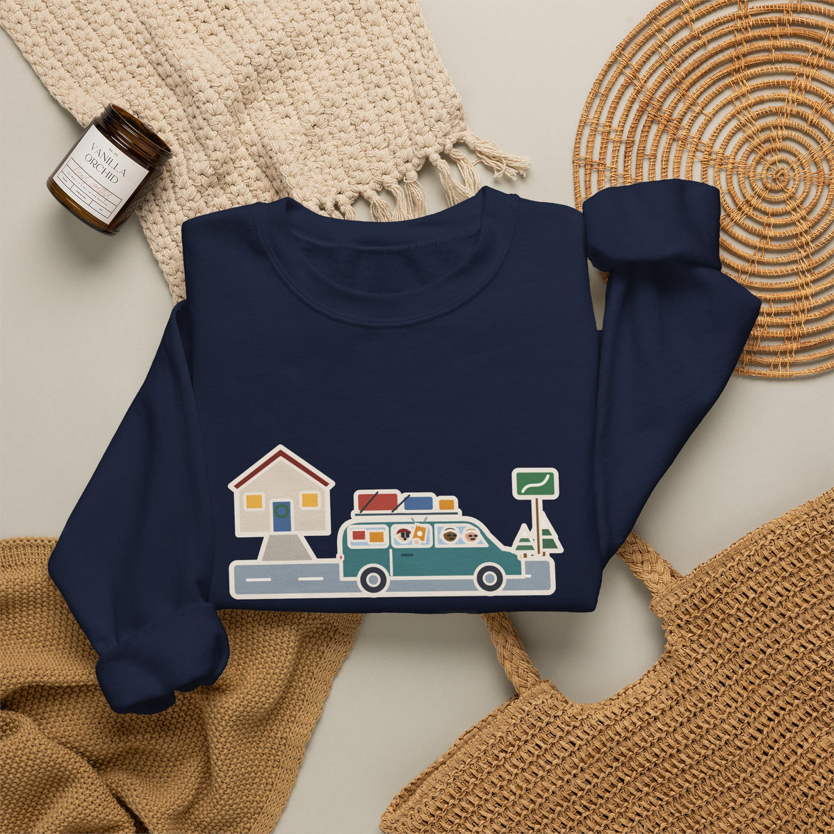 Holiday Road Trip Sweatshirt, Six-Hour Drive to Grandma's, First Snack Request at the End of Our Street, Funny Driveway Departure Crewneck