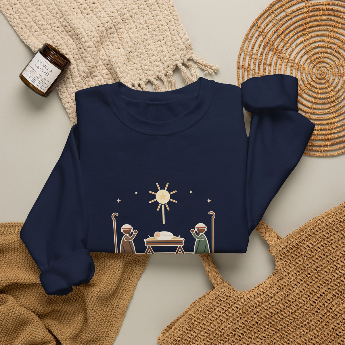 O Come, Let Us Adore him Sweatshirt, Christmas Oakeley Quote Crewneck with Woodcut Manger