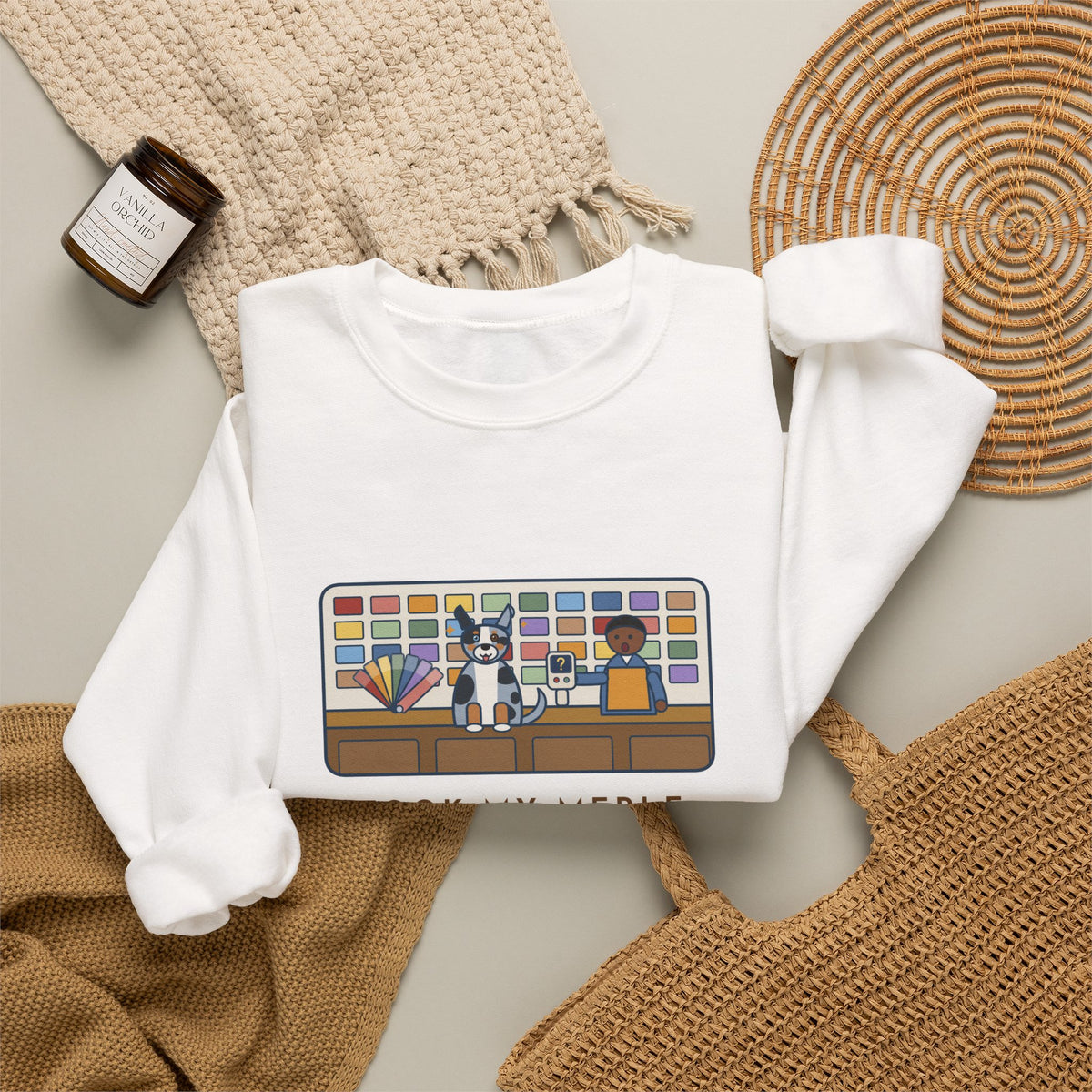 Merle Dog Sweatshirt, Took Him to the Paint Store for Fun, The Color Matcher Gave Up, Funny Paint Counter Crewneck