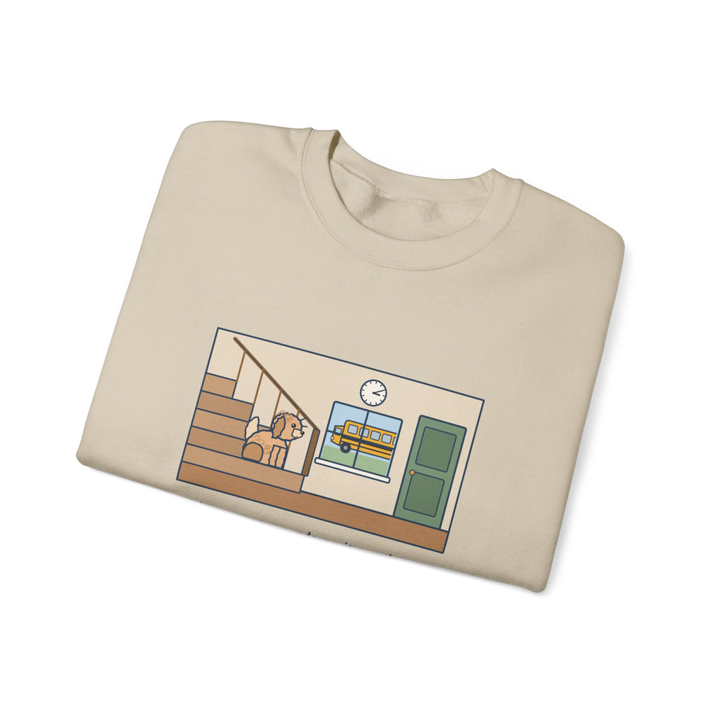 Maltipoo Sweatshirt, Seven Pounds, Waits on the Stairs at 3:10 Every Day for the School Bus, Funny Front Hall Wait Crewneck