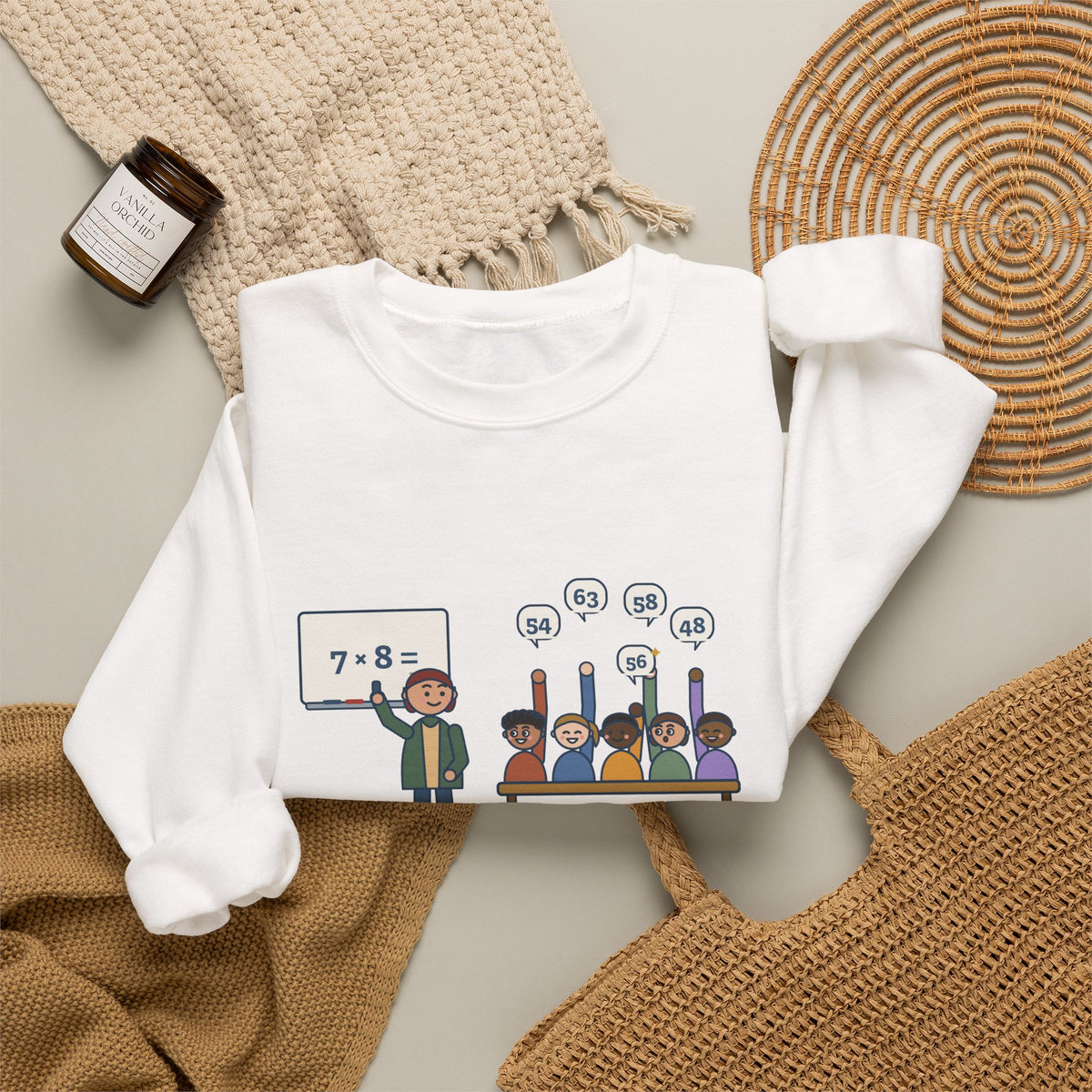 4th Grade Teacher Crewneck Sweatshirt - Seven Times Eight, Thirty Hands Up, Thirty Answers