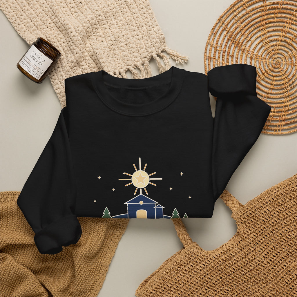 The Stars Are Brightly Shining Sweatshirt, Christmas Cappeau Quote Crewneck with Star over Stable