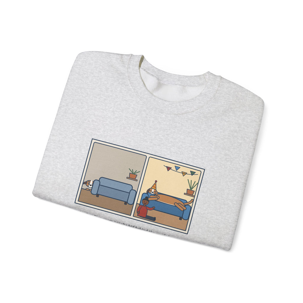Gotcha Day Sweatshirt, Five Years Ago She Hid Behind the Couch, Now the Couch Is Hers, Funny Then and Now Crewneck