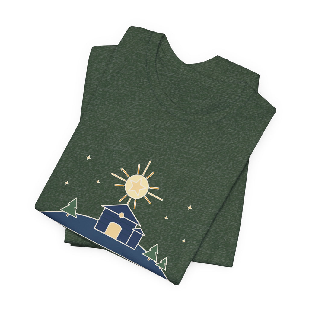 Cappeau Quote T-Shirt, The Stars Are Brightly Shining, Christmas Star over Stable Tee
