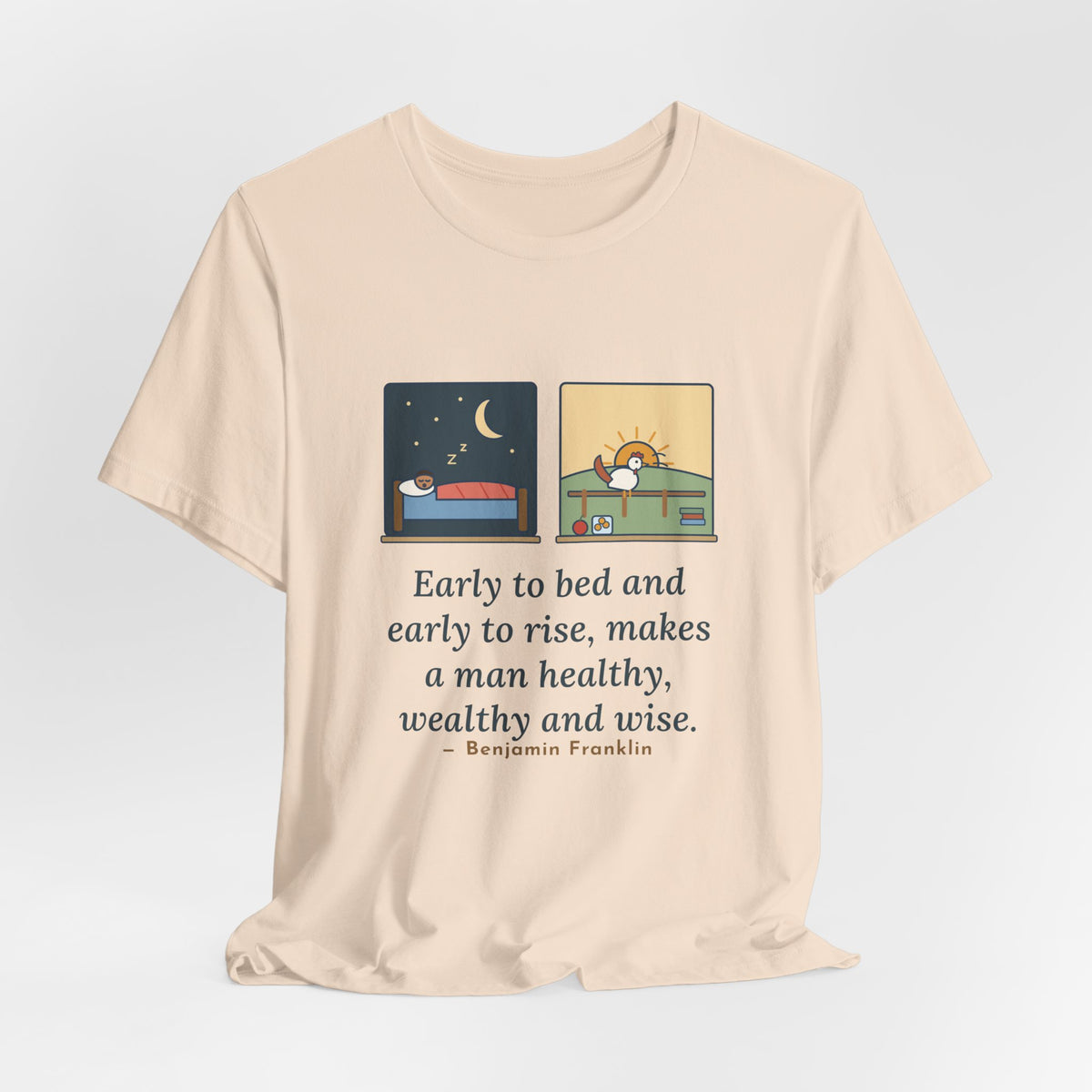 Franklin Wisdom Quote T-Shirt, Early to Bed and Early to Rise, Early Riser Moon and Rooster Tee