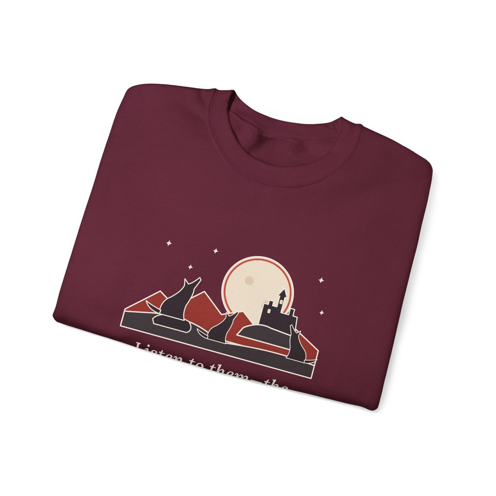 The Children of the Night Sweatshirt, Gothic Bram Stoker Quote Crewneck with Wolves and Red Moon