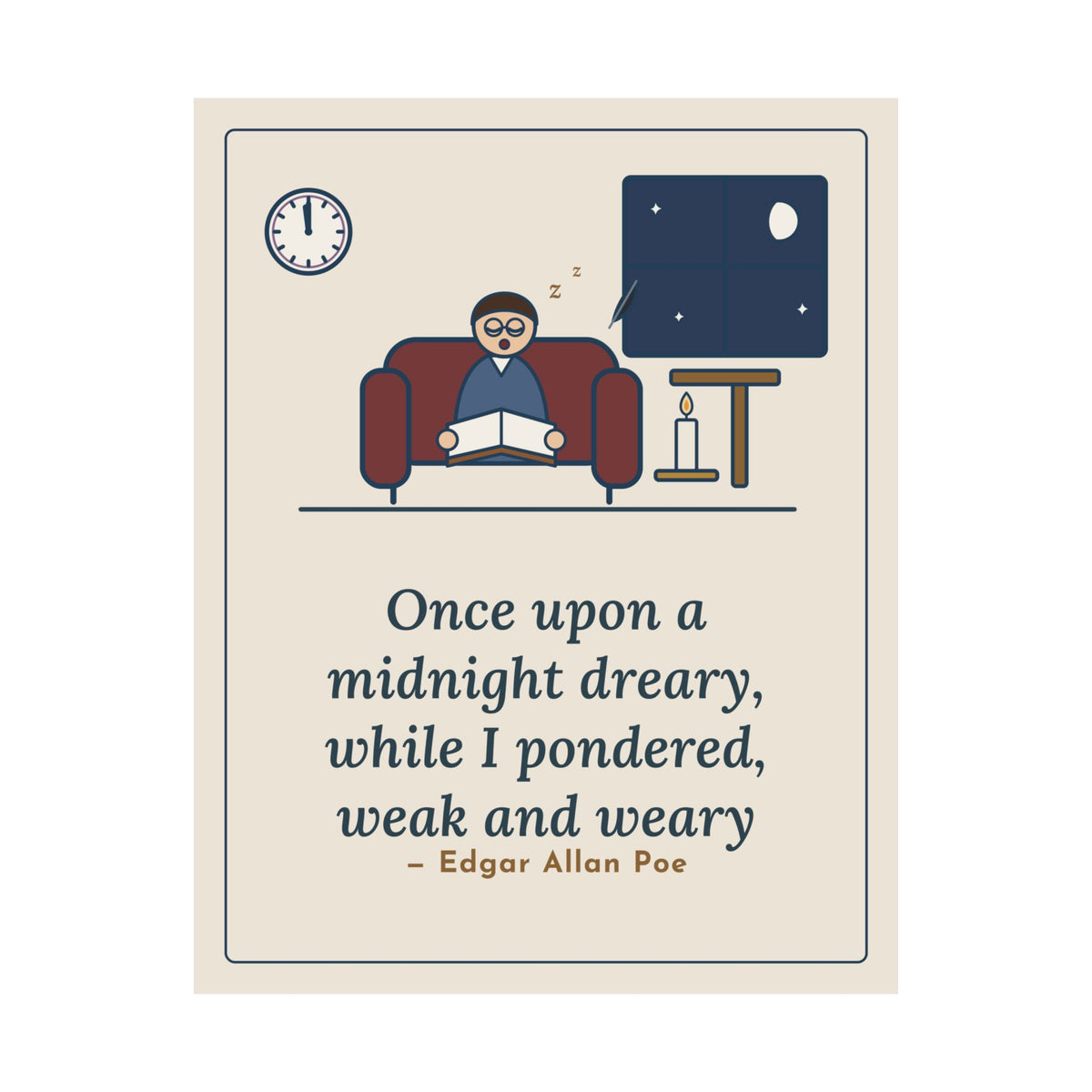 Poe Quote Poster, Once Upon a Midnight Dreary, Gothic Midnight Study Wall Art