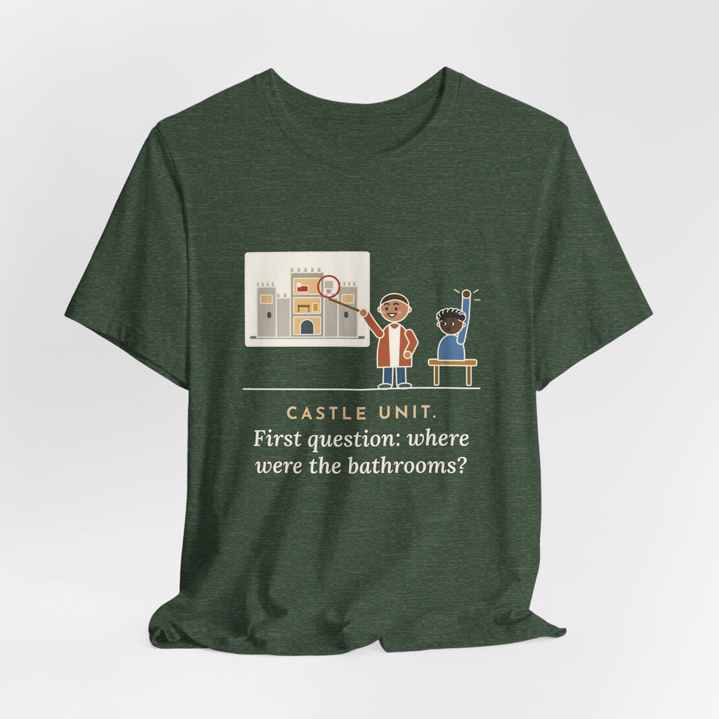 World History Teacher T-Shirt - Castle Unit, First Question: Where Were the Bathrooms