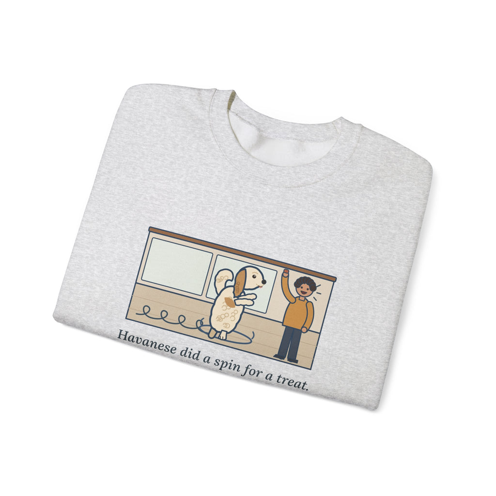 Havanese Crewneck Sweatshirt - Five Spins for One Treat Funny Dog Sweatshirt