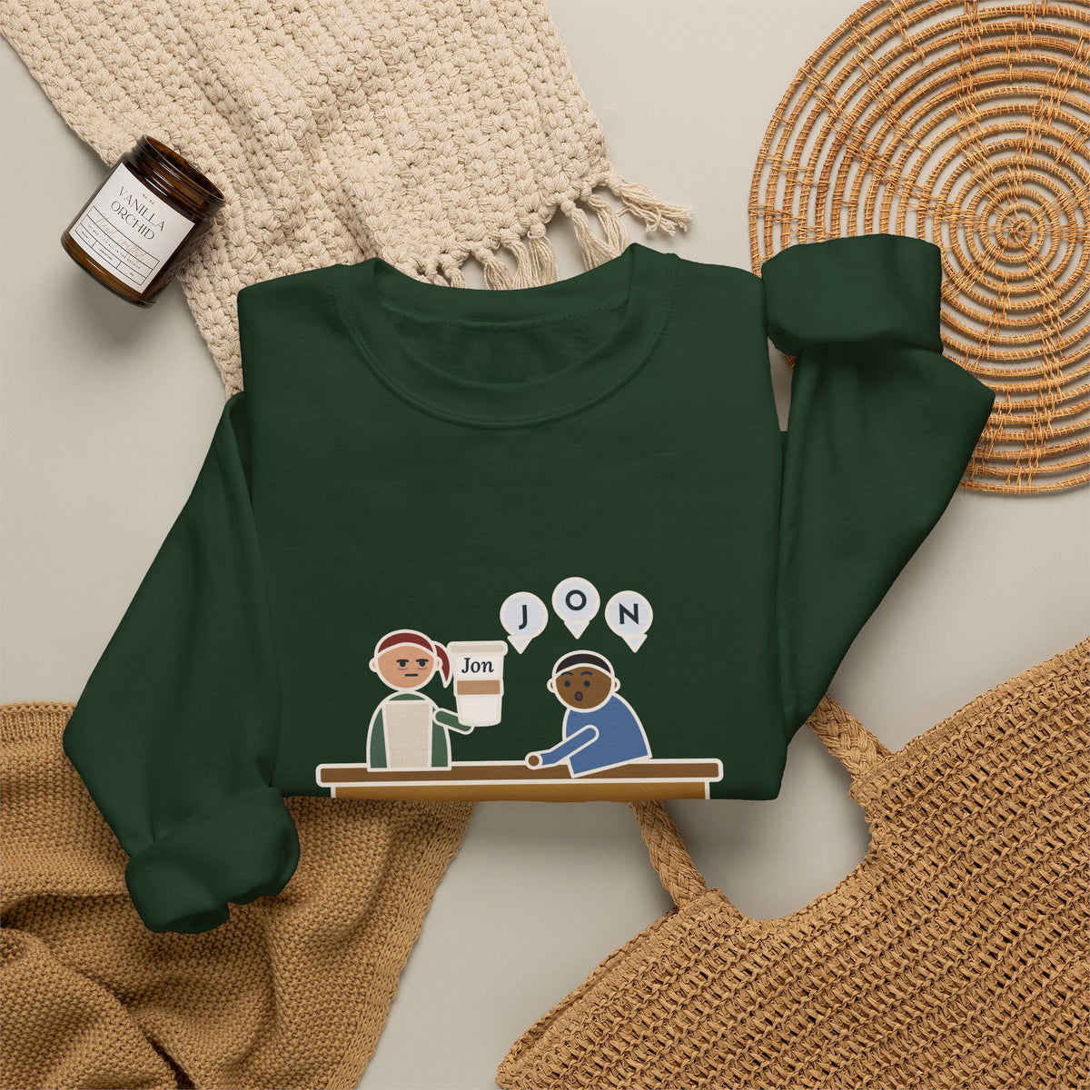 Funny Barista Crewneck Sweatshirt - He Spelled Jon for Me, Letter by Letter
