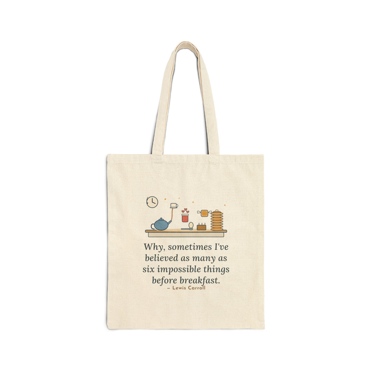 Six Impossible Things Before Breakfast Tote Bag, Whimsical Lewis Carroll Literary Quote Tote with Floating Breakfast